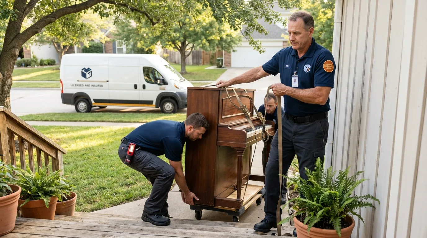 Licensed piano movers securing grand piano in Hughesville, MD