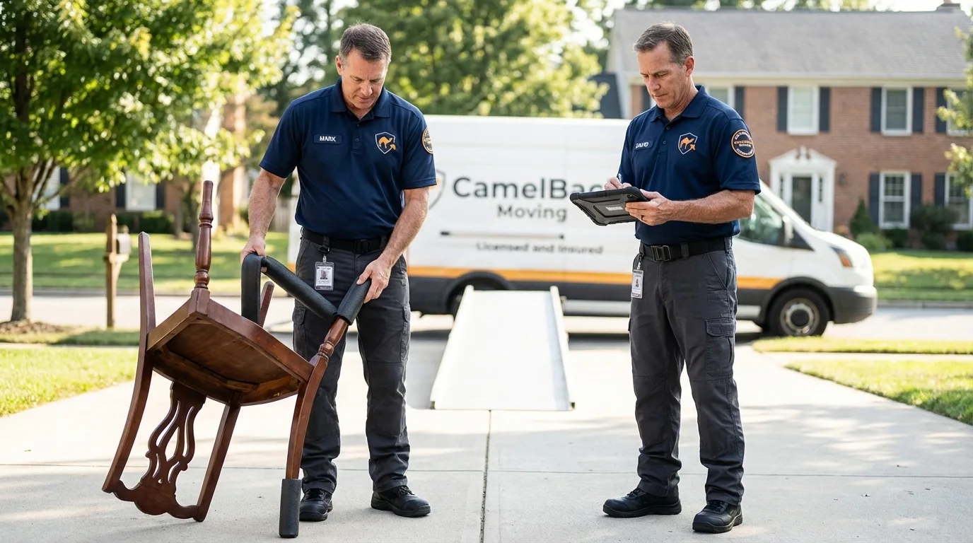 Movers inspecting furniture for damage prevention before loading in Hughesville, MD