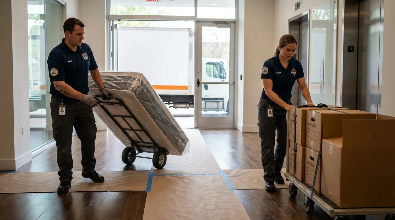 Professional apartment movers loading elevator in Hughesville, MD