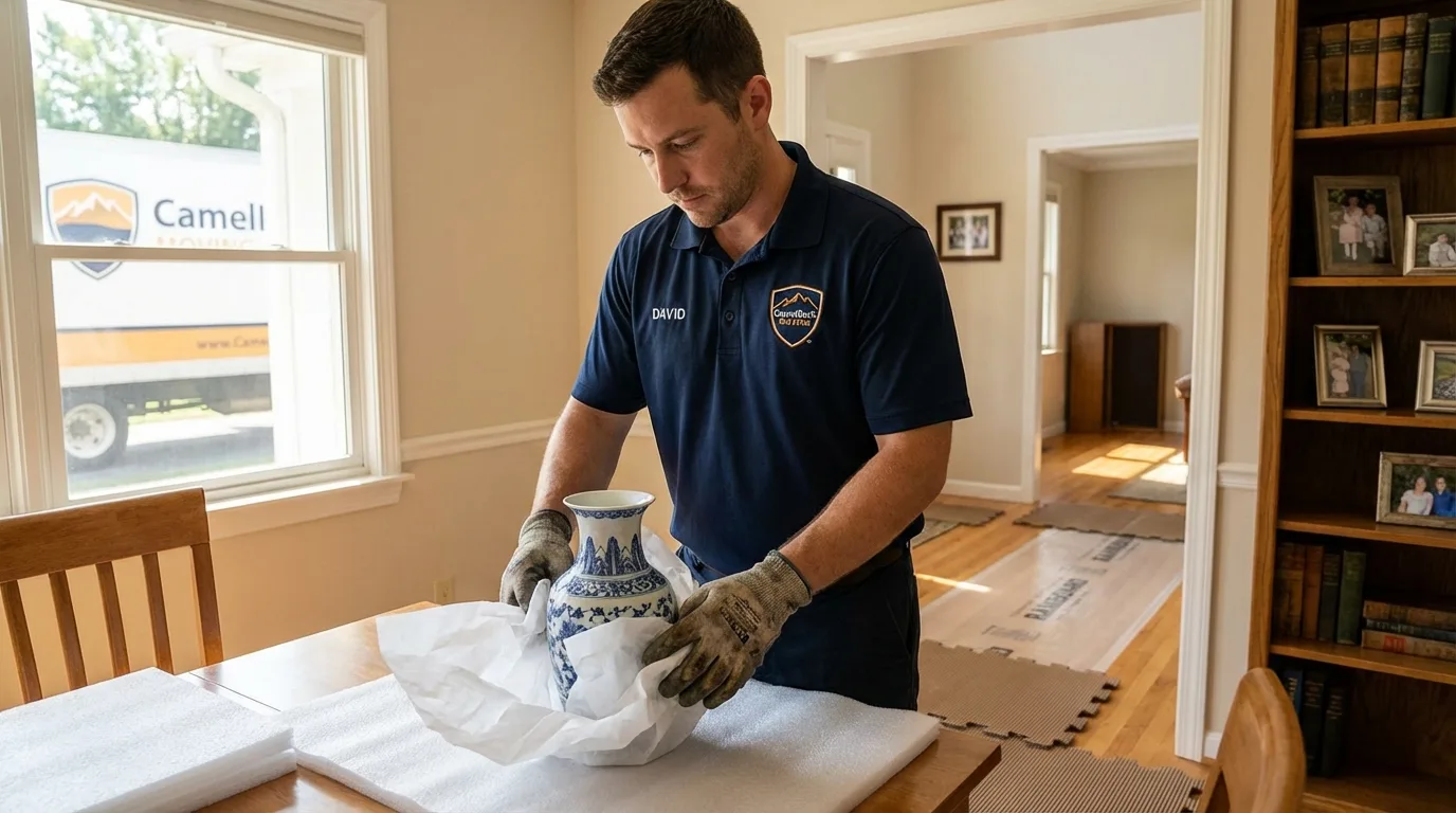Professional crew carefully wrapping antique vase for senior downsizing move in Hughesville, MD